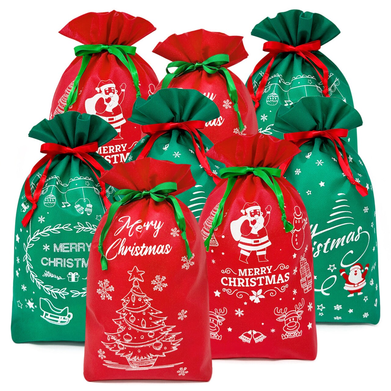 Wrapables Non-Woven Christmas Holiday Drawstring Gift Bags for Party Favors, Goodie Bag, Treats, Gift Wrap, Parties (Set of 8)
